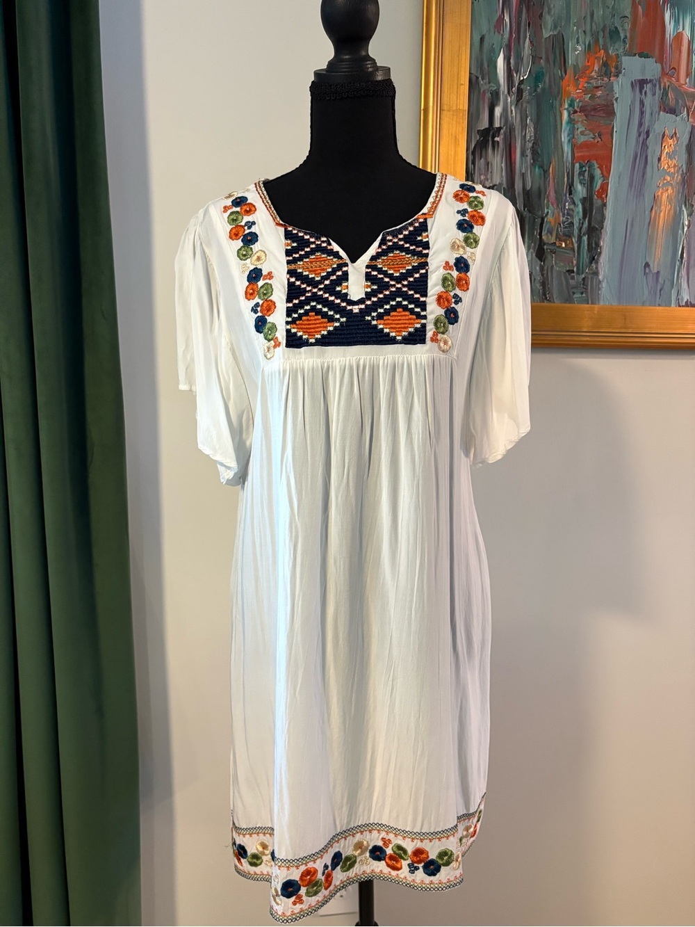 Embroidered White Mini Dress with Navy Accent